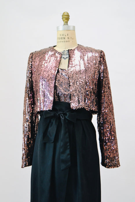 70s Vintage Pink Black Sequin Gown Dress Sequin Jacket By Estevez Strapless Sequin Dress Gown Pink Sequin Jacket Disco Party Medium