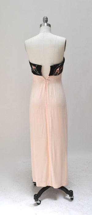 80s 90s Vintage Silk Sequin Gown Dress XXS XS By Bob Mackie Silk// Vintage Wedding Silk Pink Peach Black Gown Sequin Strapless Silk Dress