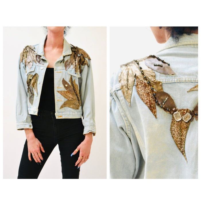 80s Vintage Denim Jacket Leather Rhinestone Medium // 90s 80s  Glam Denim Jean Jacket Womens Beaded Flower Leather Jean Jacket Art to Wear