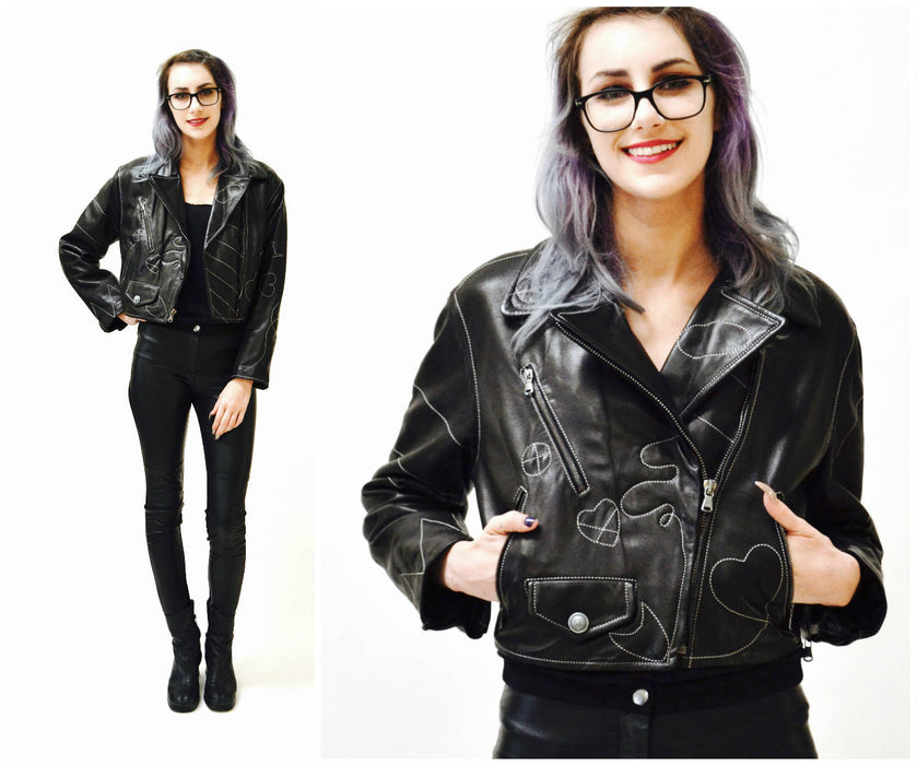Vintage Black Leather Motorcycle Jacket by Moschino Leather Oops Heart Made in Italy// 90s Black Leather Jacket Biker Medium Large