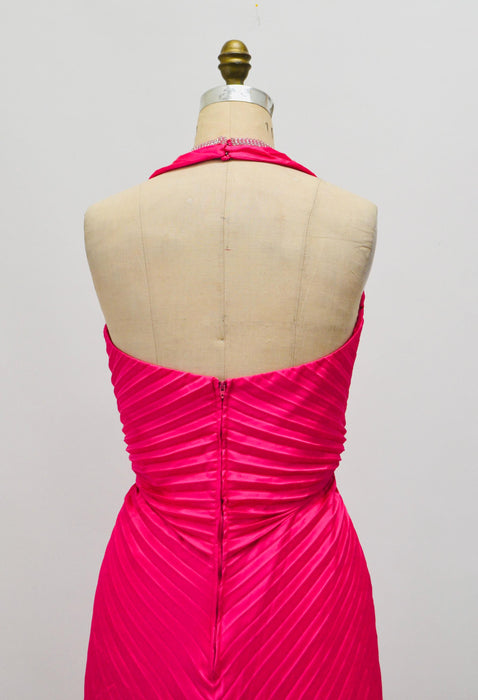90s Vintage Pleated Halter Neck Gown Dress Pink Lillie Rubin Pleated halter dress Wedding Marilyn Monroe Barbie Dress Pink Magenta Dress