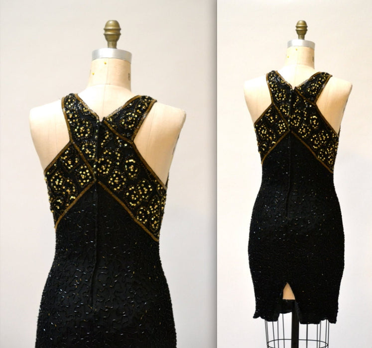 Vintage Beaded Dress Size Medium Large Black and Gold Art Deco// 90s Prom Dress Black Metallic Body Con Beaded dress Size Medium Large