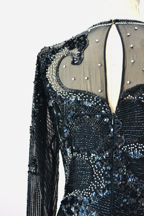 80s 90s GLAM Vintage Black Beaded Sequin Party Cocktail Dress Small Medium by Nighline Black Silk Long Sleeve Party Pageant Sequin Dress