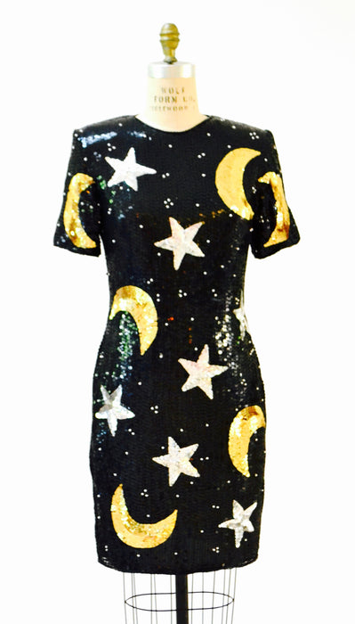 Vintage Sequin Dress Black Star Moon Medium Large By Modi// 90s Vintage Beaded Metallic Dress Stars Moons Pop Art Astrology Dress