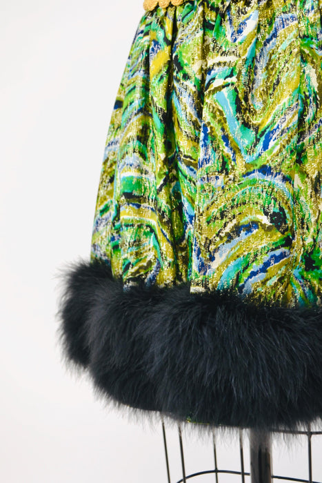 60s 70s Vintage Metallic Green Party Cocktail Dress XXS XS Green Blue Gold Dress with Marabou Feathers 60s Disco Party Dress Green Metallic