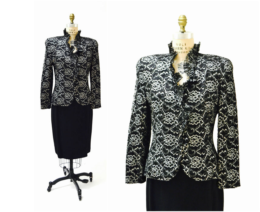 80s Vintage Black Silver Metallic Lace Jacket Blazer Suit by Carolina Herrera Studio Medium Large// 80s Black Lace Jacket Suit Ruffle Jacket