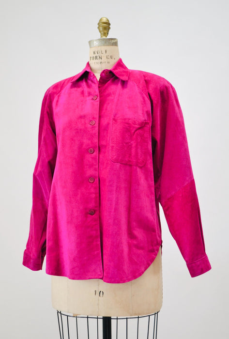 Vintage 90s Bright Pink Leather Shirt Button Down Sueded Leather Shirt Long Sleeve Top Leather Blouse Top Large 90s Pink Fuchsia Suede Shirt