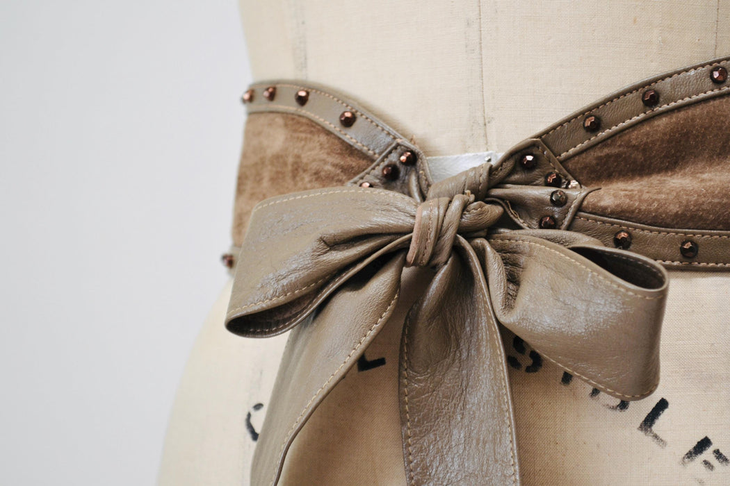 80s 90s Vintage Taupe Brown Sueded Leather Belt Size Small Medium Large Brown Taupe Rockstar Studded Glam Adjustable Bow Belt Large 27-54"