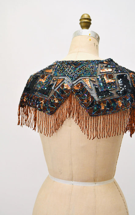 90s Vintage Beaded Fringe Shawl Wrap Burlesque Wedding Flapper Brown Black Metallic Beaded Vintage Fringe Collar Shawl Showgirl Festival