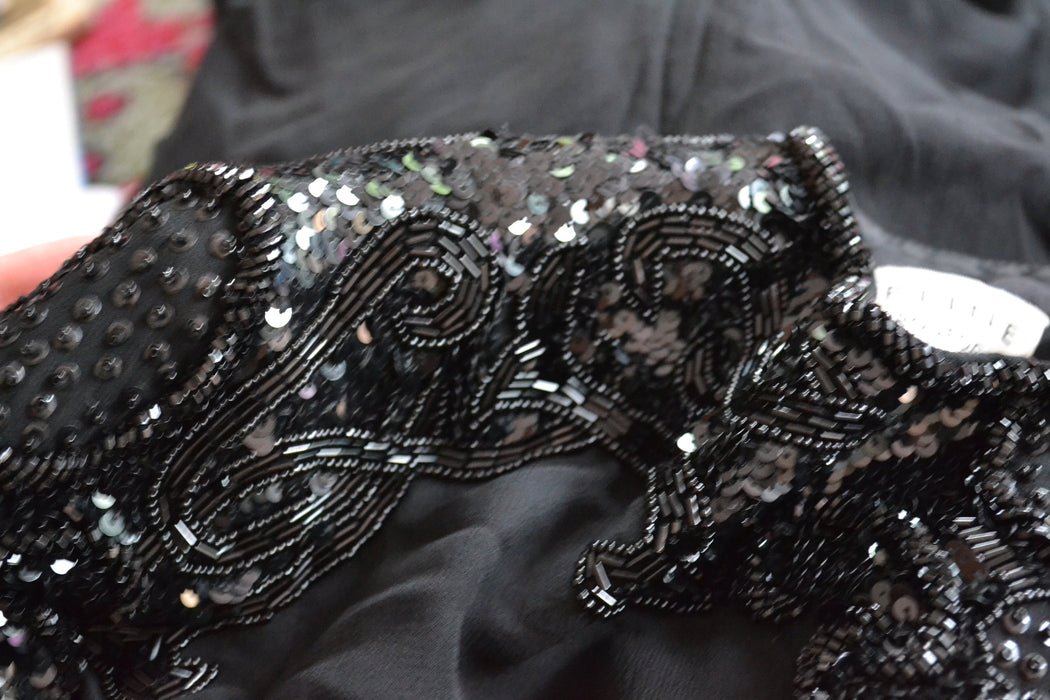 90s Vintage Black Silk Party Dress Black Sequin Beaded Dress Small Medium// 90s Prom Party Vintage Black Sequin Dress Long sleeve Dress