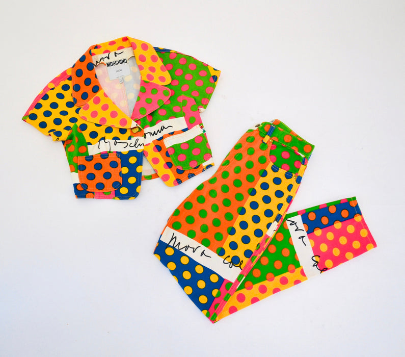 90s Vintage Moschino Jeans Polka Dot Suit Cropped Jacket Jeans Pants With Rainbow Polka Dot Print Size Small Medium Fashion Pop Art