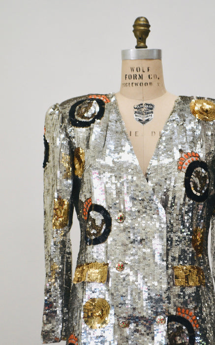 80s 90s Vintage Silver Sequin Jacket// Vintage Silver Sequin Boat Party Jacket  Nautical Captain Silver Sequin Blazer French Collizioni