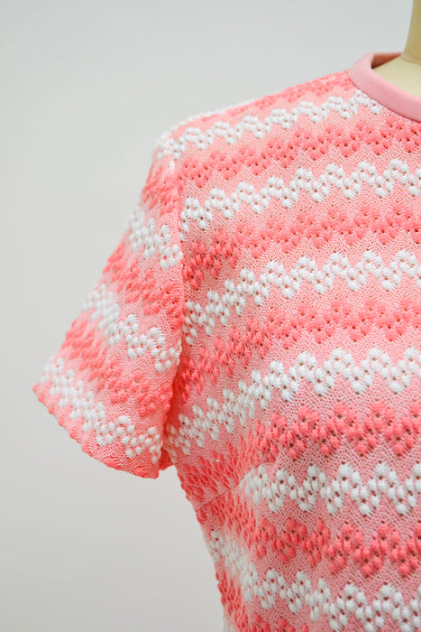 70s Pink Knit Dress Large 70s Pink White Knit Short Sleeve Dress Pink Crochet 70s Summer Knit Dress 70s Pink White Party Dress Sheer Knit