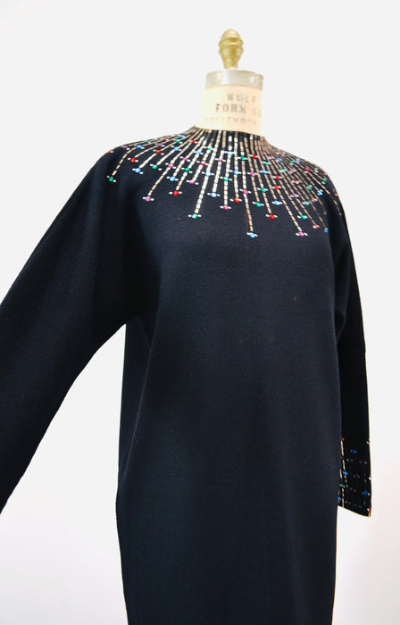 80s 90s Vintage Black St John Dress Metallic Rhinestone Knit Dress St John Evening// Black Rhinestone Party Sweater Knit Dress Medium Large