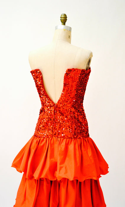 Vintage Red 80s Party Prom Dress Sequin Evening Gown Strapless Red XS Small// 80s Prom Pageant Dress Red Sequins Strapless Gown XS Small