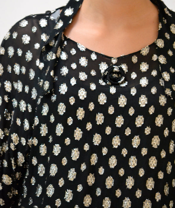 Vintage Metallic Black Silver Polka Dot Tunic Top Small Medium// Sheer Black Shirt Silver Metallic Beach Cover Up By Helene Sidel