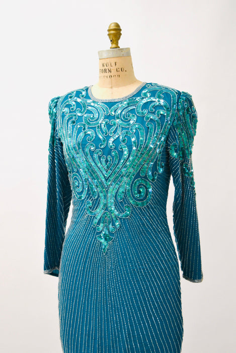 80s 90s Vintage  Blue Green Sequin Beaded Dress Flapper Inspired Cocktail  Dress Small in Teal Blue Long Sleeve 80s 90s Party Pageant Dress