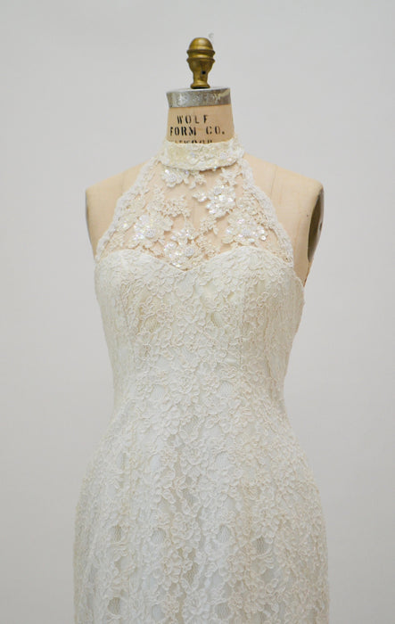 90s Vintage Off White Lace Beaded Party Wedding Gown Beaded Cream White Lace Jacket XS SMALL// Vintage Sequin Lace Wedding Dress Halter Neck