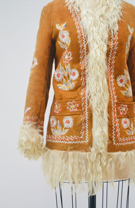 Vintage Embroidered Shearling Afghan Jacket Coat Small Medium//  70s Shearling Coat Embroidered Sheepskin Fur Boho Afghan Jacket