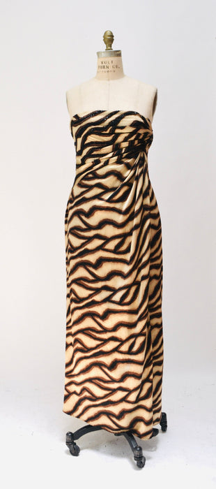 2000s y2k Vintage Bob Mackie Gown Dress Zebra Animal Print Beaded Dress Strapless Silk Evening Gown Small Medium Bob Mackie Pageant Dress
