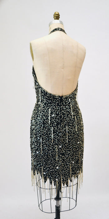 90s Vintage Black Silver Beaded Fringe Showgirl Dress Medium // 90s Black Silver Beaded Halter Dress Party Fringe Flapper Dress Nite line