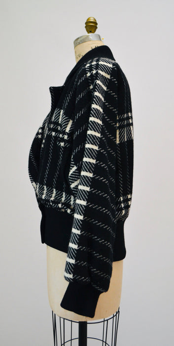 80s Vintage Wool Plaid Jacket Black White by JEAN-LOUIS SCHERRER Paris Wool Plaid bomber Jacket// Vintage Black White Wool Jacket Medium