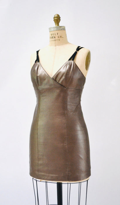 Stunning 90s 00s Y2K Metallic Bronze Leather Tank Dress Size XS Small// 90s Brown Tan Body Con Dress Leather Tank Dress Michael Hoban small