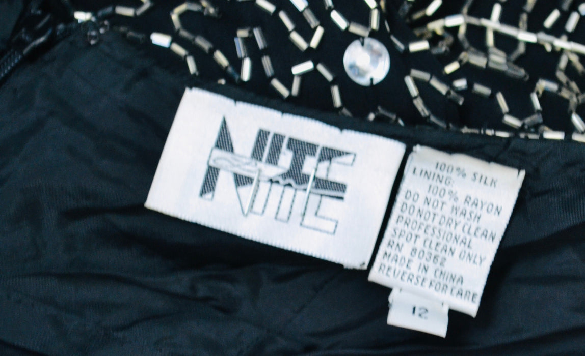 90s Vintage Black Silver Beaded Fringe Showgirl Dress Medium // 90s Black Silver Beaded Halter Dress Party Fringe Flapper Dress Nite line