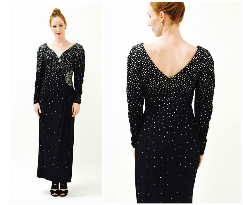 80s Vintage Black Evening Gown With Rhinestones Long Sleeves Medium Large by Rose Taft// Vintage Black Dress Metallic Pageant Dress Gown