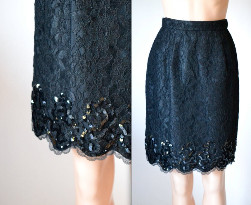 Vintage Black Lace Skirt with Sequins size Small // Balck Sequin Skirt Size Small by Lillie Rubin