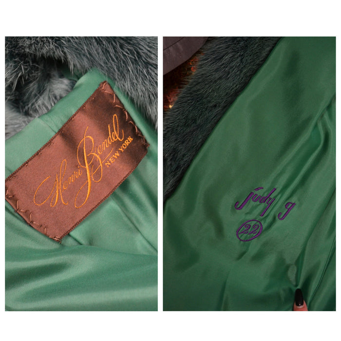 Vintage Green Mink Fur Jacket Coat By Henri Bendel New York XXS XS // Stunning 80s 90s Dark Green Long Fur Coat Jacket