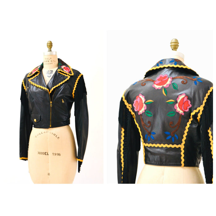 Vintage 90s Black Leather Jacket by Moschino Cheap & Chic with Fringe Red Roses Flowers Small Medium// Black Leather Biker Jacket Fringe