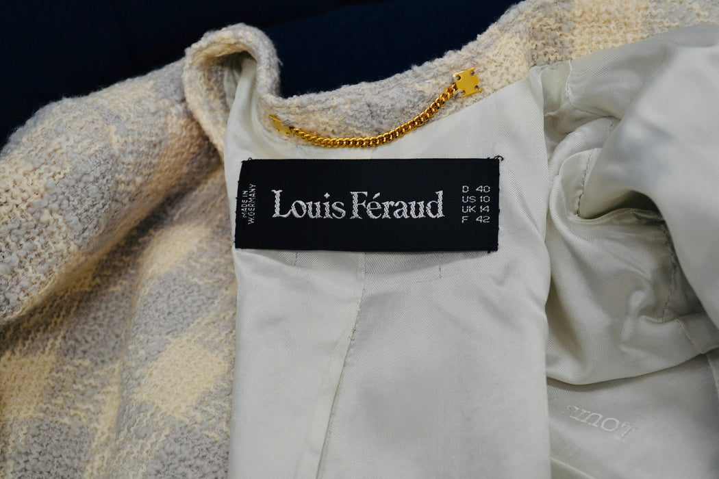 90s Vintage Cream Grey Boucle Plaid Jacket By Louis Feraud US 10 Medium Off White Grey Boucle Wool Houndstooth Plaid Jacket Small Medium