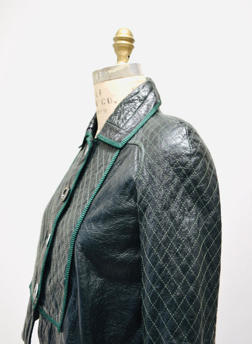 Vintage Just Cavalli Dark Green Leather Quilted Jacket XS Small Roberto Cavalli Leather Jacket// Vintage Green Moto Swing Leather Jacket