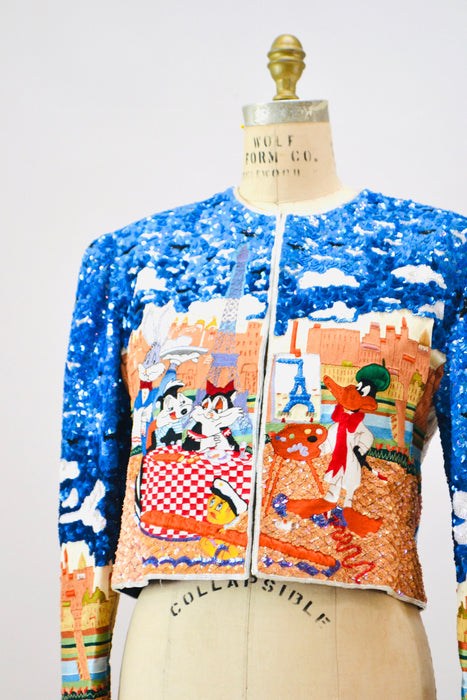 90s Vintage Jeanette Kastenberg Platinum Sequin Jacket Looney Tunes Bugs Bunny Cartoon Sequin Paris France Venice Italy Beaded Jacket