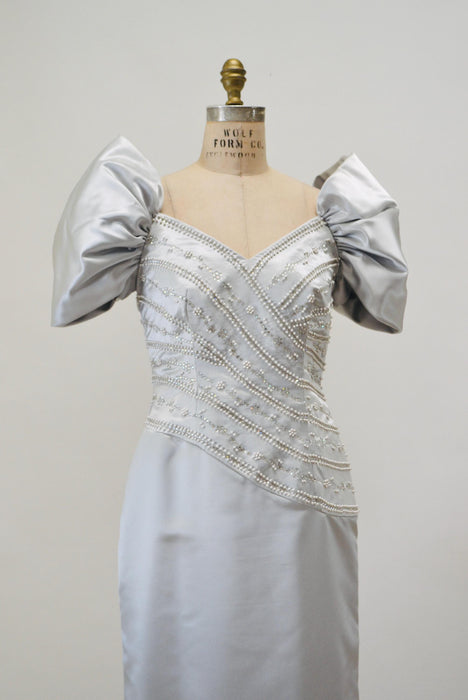 Vintage 80s 90s Evening Gown Wedding Dress Grey Silver Rhinestone Small Poof Sleeve Dress// Vintage Grey Dynasty Pageant Dress Rose Taft