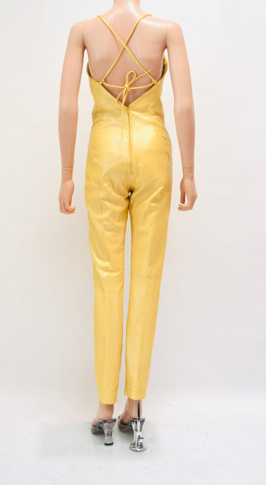 2000s Y2k Yellow Leather Jumpsuit Cat Suit Yellow Leather Lace up Sexy Jumpsuit By Michael Hoban North Beach Leather Size XS Small