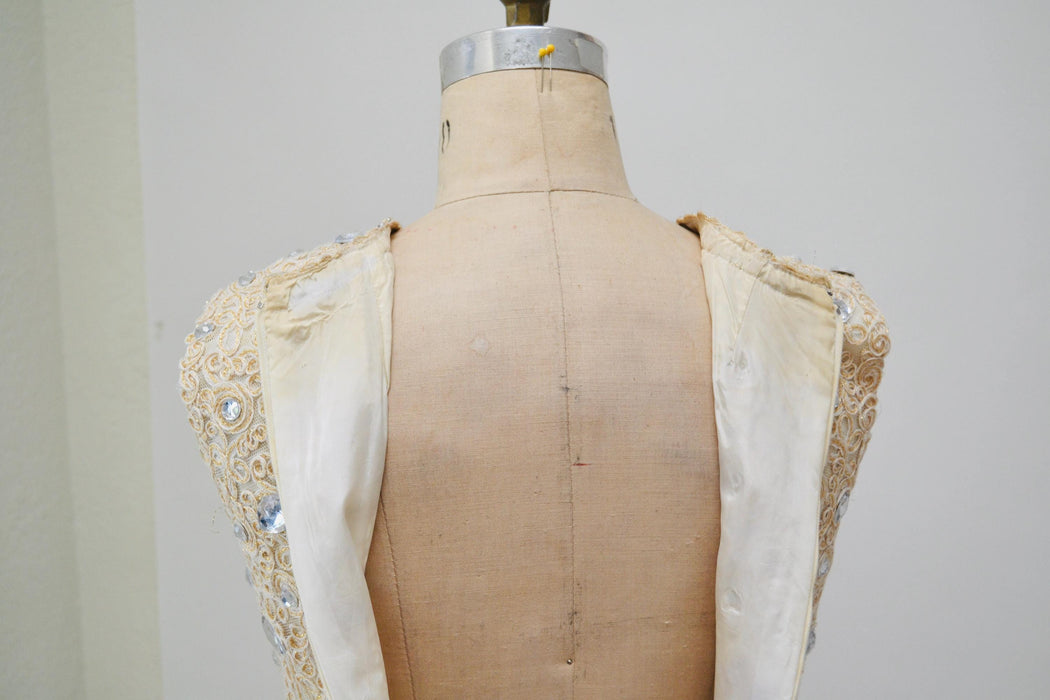 60s 70s Vintage Metallic Cream Lace Rhinestone Dress Small Medium// 60s 70s Vintage White Silver Gold Lace Party Wedding Rhinestone Dress