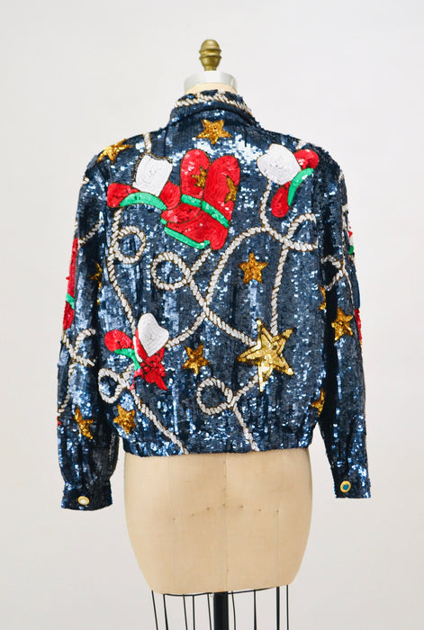 80s 90s Vintage Sequin Jacket Large Blue Metallic Gold Stars Rodeo Rhinestone Cowboy Cowgirl Sequin Jacket USA America Stars Rodeo Modi