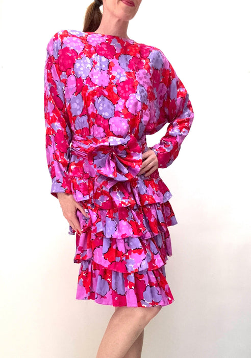 80s Silk Floral Print Dress Pink Purple Silk Ruffle Floral Print Garden Party Dress Medium Large St Gillian Silks Summer Wedding Party Dress