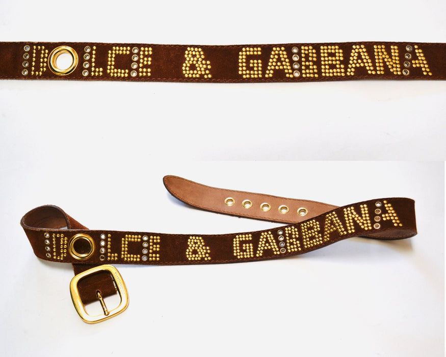 90s 2000s Vintage Dolce & Gabbana Belt Brown Suede Leather Gold Brown Leather Dolce Gabbana Belt Medium 36-39" Gold Brown Belt Made in Italy