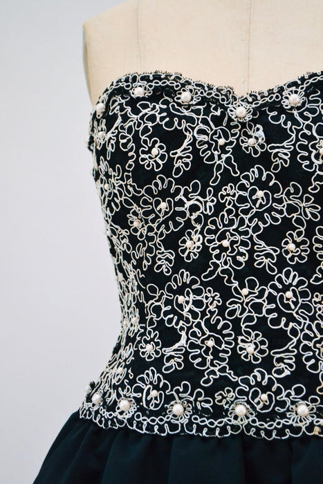 80s 90s Vintage Black Lace Strapless Party Dress Pearl Black Dress Glam Prom Pageant Bridesmaid Dress Medium Lace Pear Bubble Skirt Small