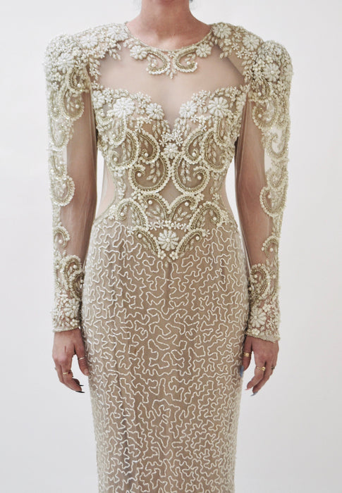 80s 90s Vintage White Beaded Gown Dress Small Medium Lillie Rubin // Vintage Wedding Gown White Sheer Beaded Long Dress Sleeves Pageant