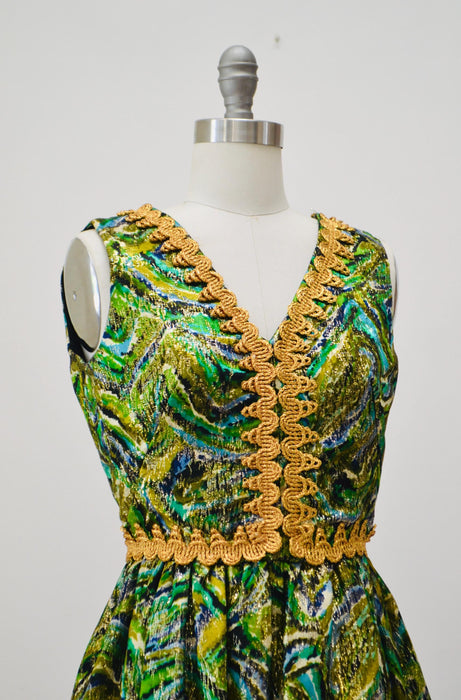 60s 70s Vintage Metallic Green Party Cocktail Dress XXS XS Green Blue Gold Dress with Marabou Feathers 60s Disco Party Dress Green Metallic