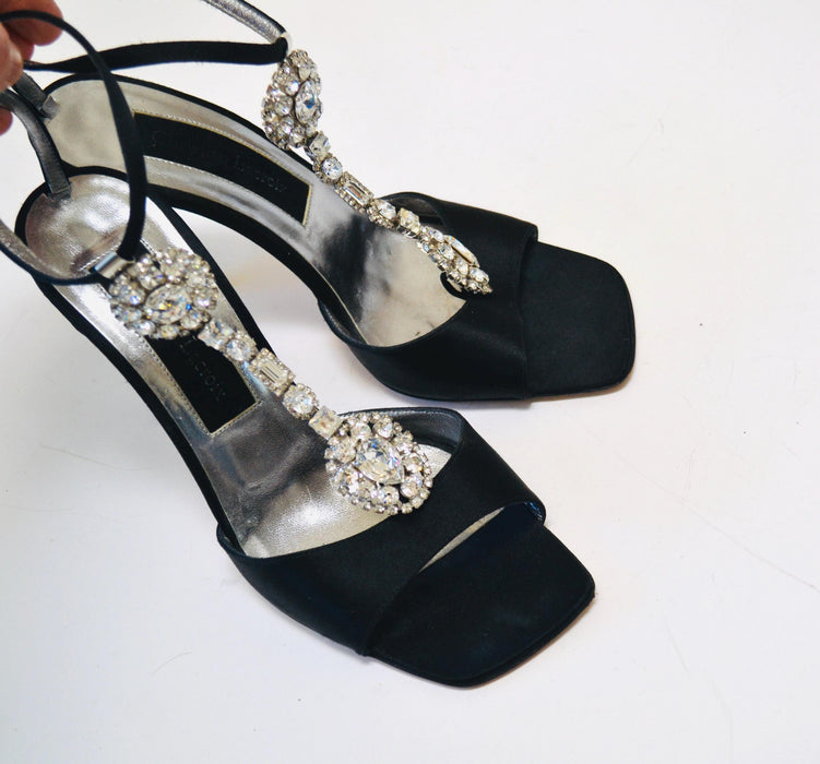 Vintage 00s Black Rhinestone High Heel Sandals Size 7 37 By Christian Lacroix 90s Rhinestone High Heel Sandals Strapy Wedding Shoes