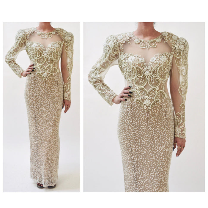 80s 90s Vintage White Beaded Gown Dress Small Medium Lillie Rubin // Vintage Wedding Gown White Sheer Beaded Long Dress Sleeves Pageant