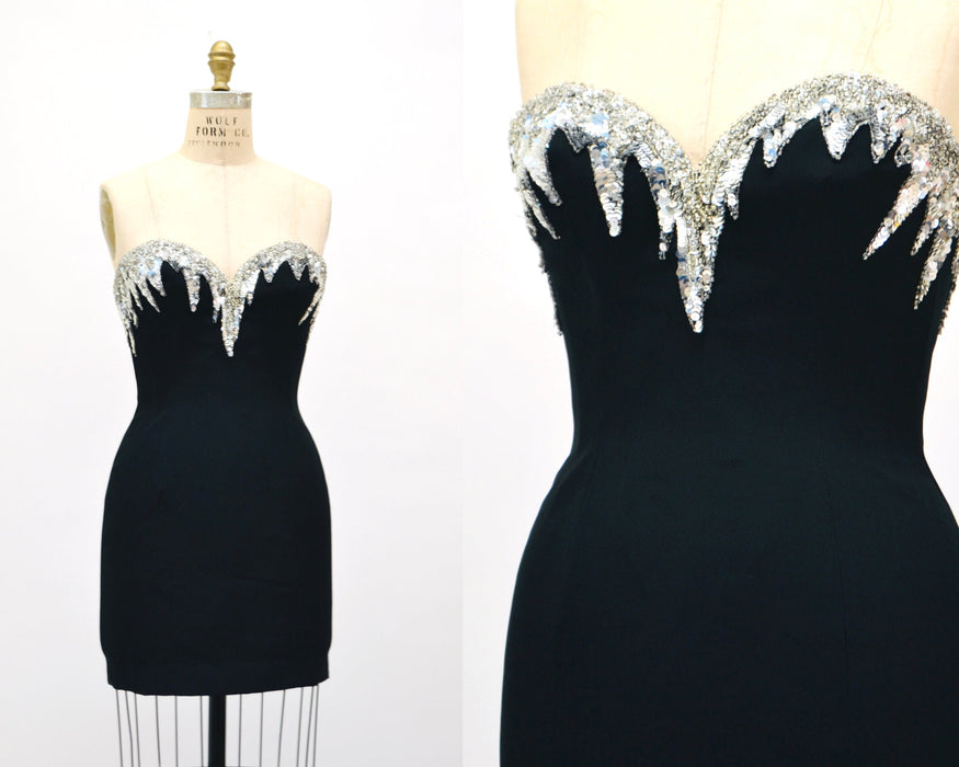 90s Vintage BOB MACKIE Dress Black Sequin Beaded Metallic Strapless Dress XS Small// Black Metallic Silver Sequin Dress Small Bob Mackie
