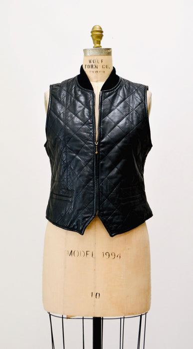 90s Vintage Black Leather Vest Black Quilted Leather Biker Vest Tank Top// 90s Biker Babe Fall Vintage Black Leather Vest Size Medium