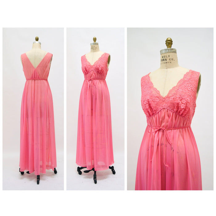 1960s 60s Vanity Fair Vintage Nightgown Nighty Dress Camisole Small Medium Pink Lace Sheer Wedding Honeymoon Nightgown Slip Dress Pink Tank