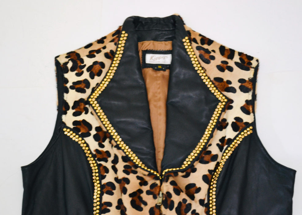 80s 90s Vintage Studded Black Leather Animal Print Vest Gold Leather Vest By Kippys XL Large Gold Studded Animal Print Black Leather Vest